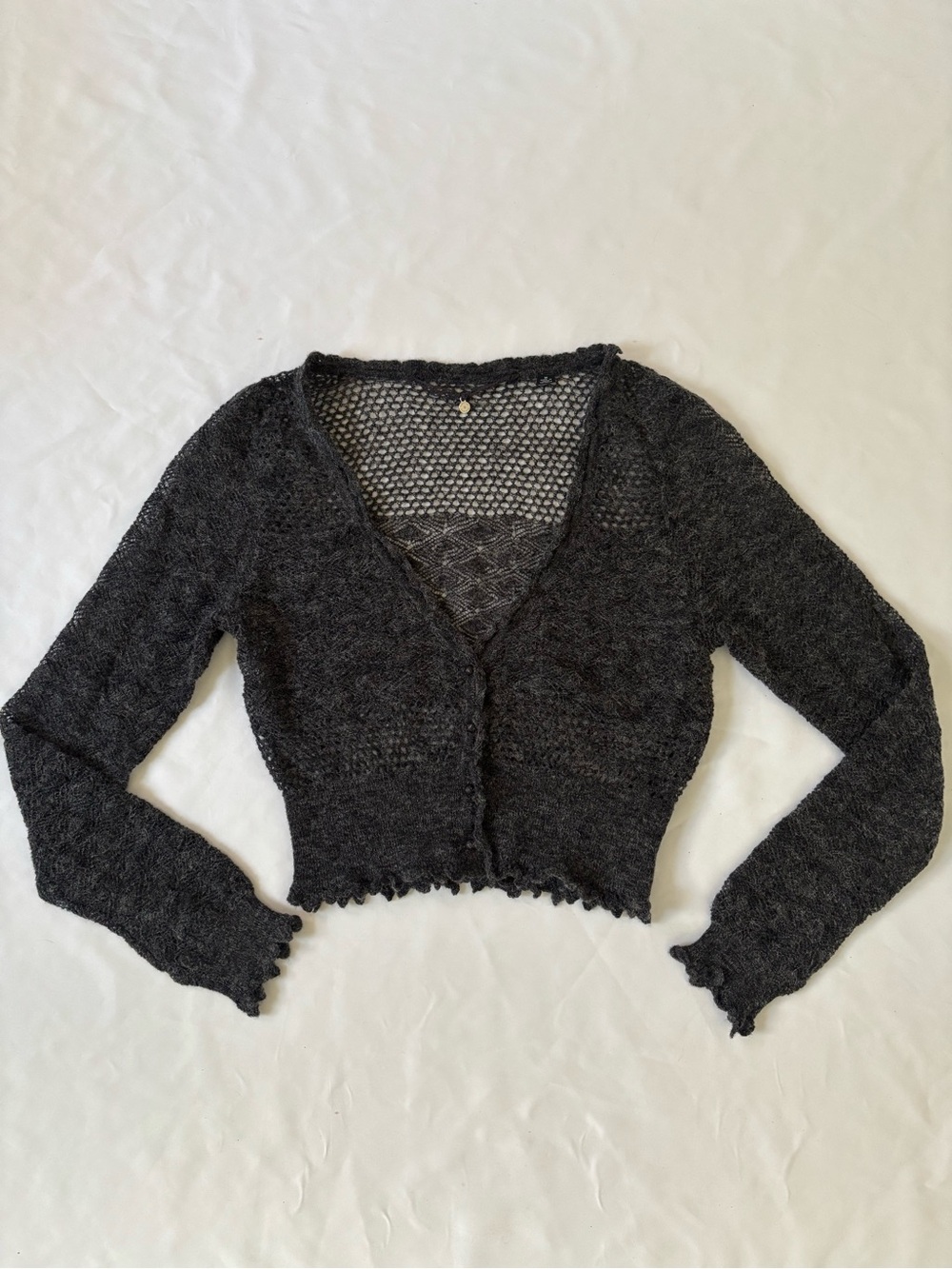 Cropped Open-Knit Women's Cardigan - Charcoal Gray